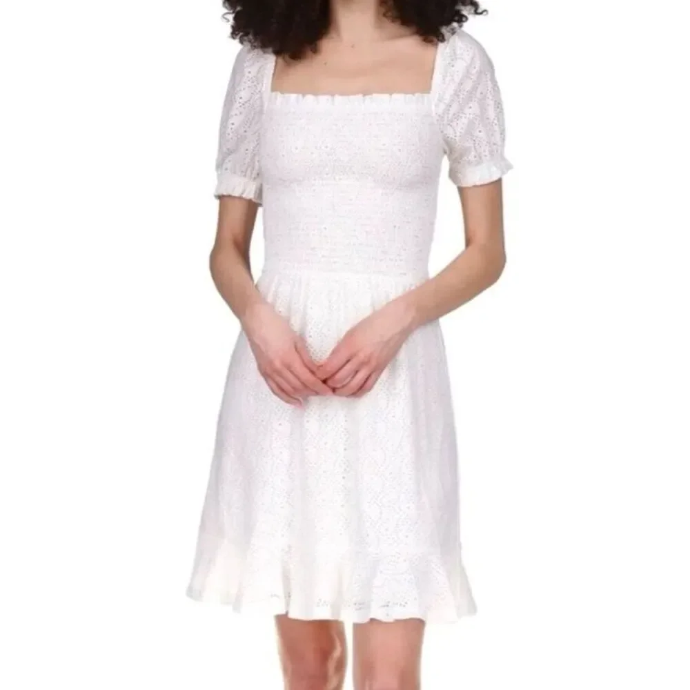 MICHAEL KORS NWT Size L White Eyelet Smocked Puff Sleeve Ruffle Hem Mini Dress